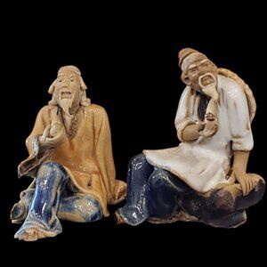 Vintage Chinese Mudman,  Miniature Figurine Pair, Schiwan Ceramic Art Pottery